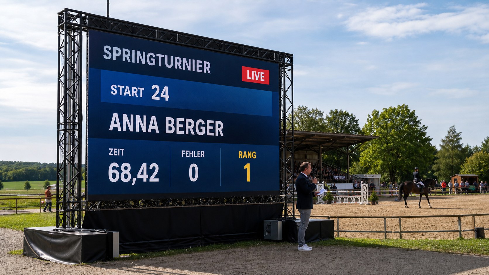 Professionelle mobile LED-Wand mit Live-Ergebnis und Anmoderation bei einem Springturnier in Brandenburg