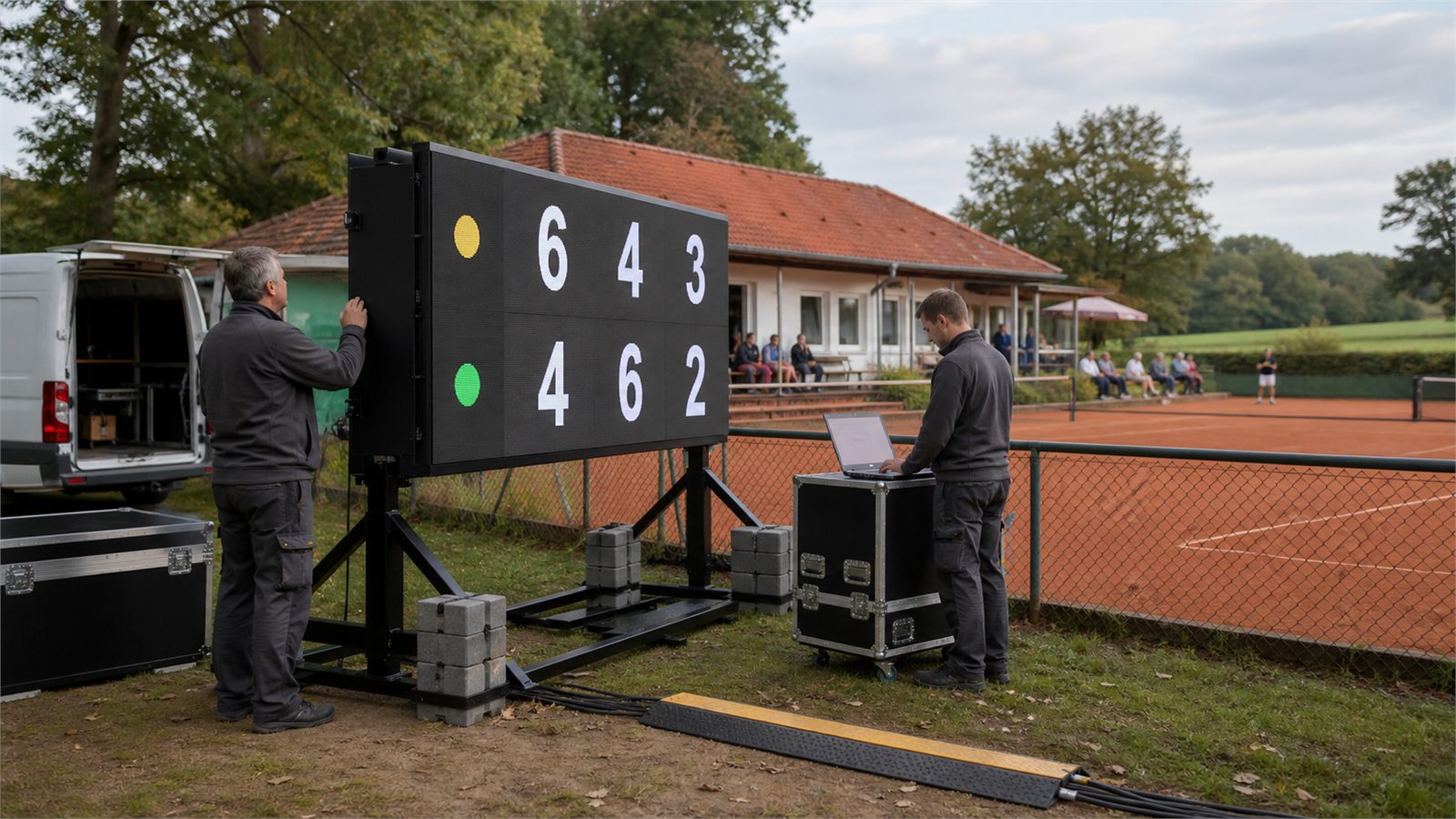 Visualisierter realistischer Aufbau einer mobilen LED-Punktetafel bei einem Tennisverein in Brandenburg