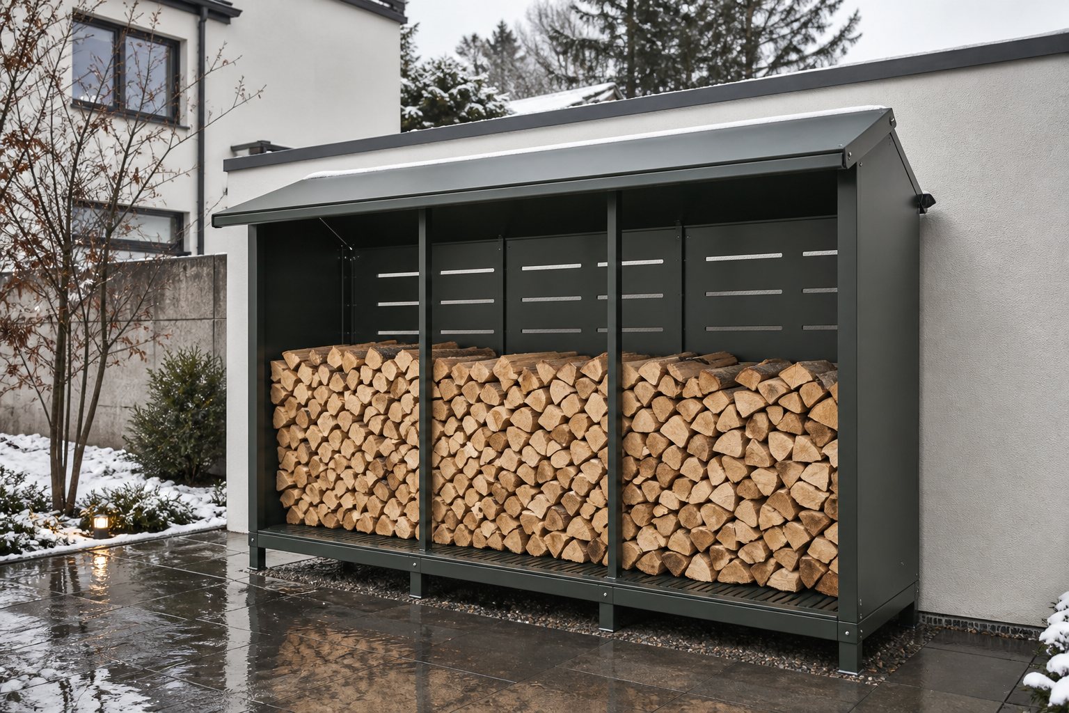 Wettergeschütztes Brennholzlager aus Stahl