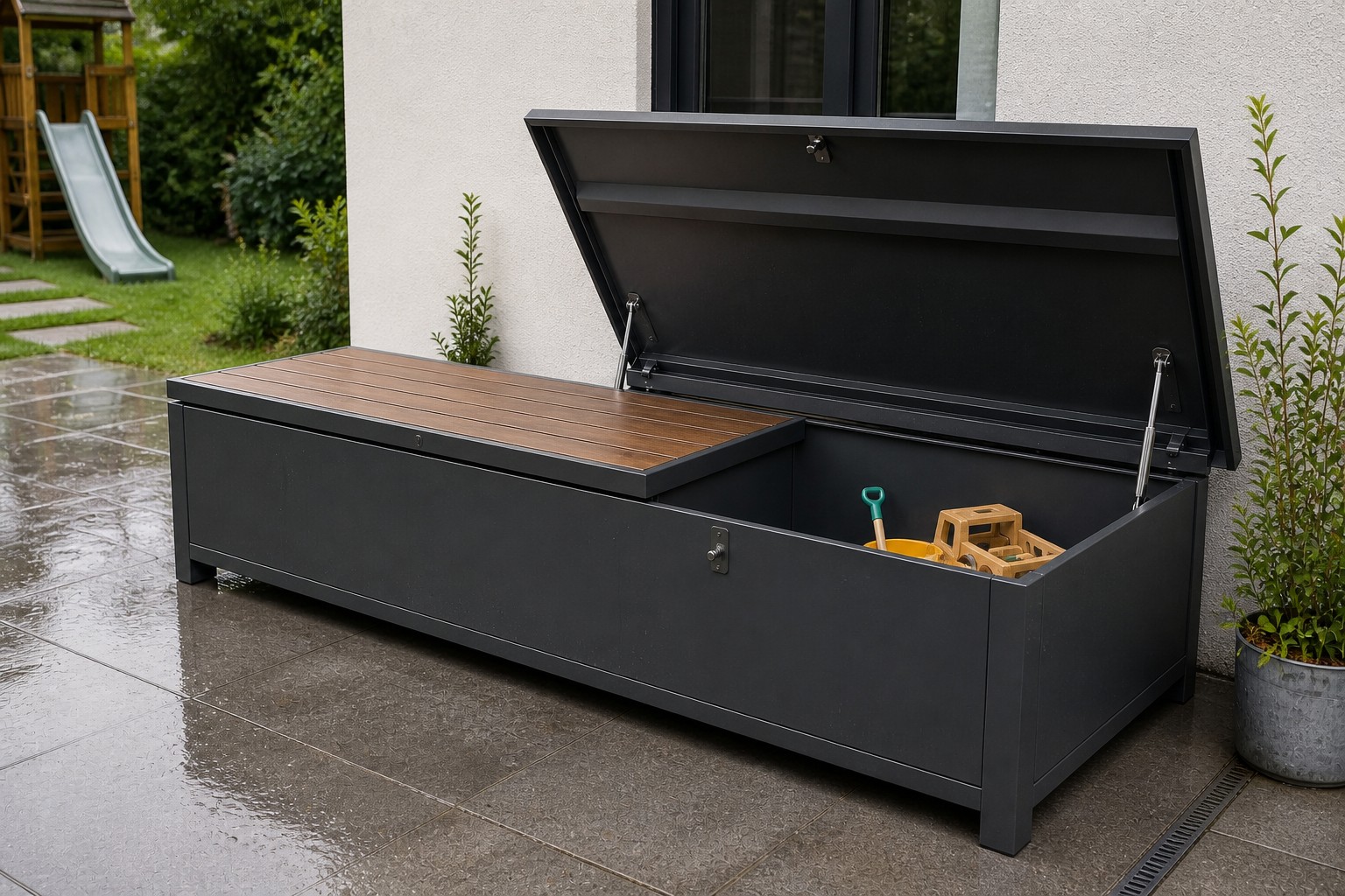 Wetterfeste Gartenbank mit Stauraum