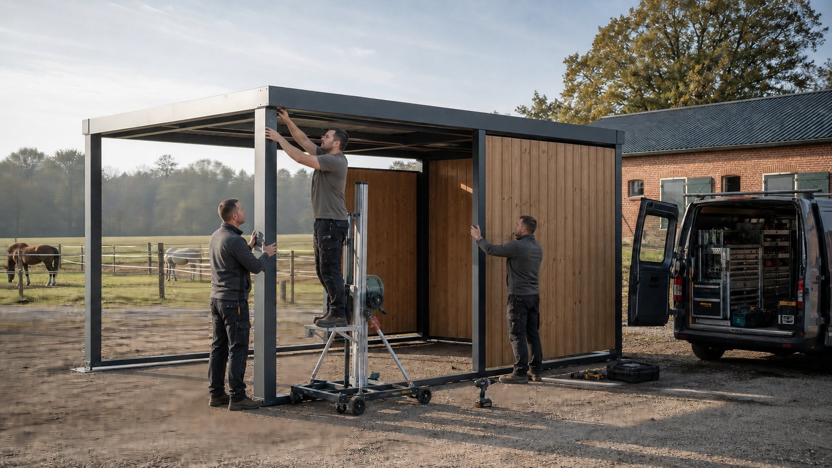Wittler Montageteam beim Aufbau einer individuellen Metall-Holz-Konstruktion auf einem Reiterhof