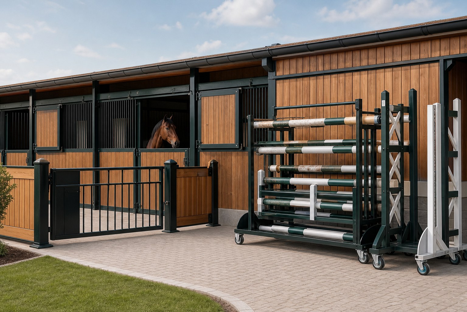 Hochwertige Stallfronten aus Metall und Holz mit mobilem Hindernislager